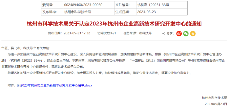 合慧智能通過“杭州市企業(yè)高新技術(shù)研究開發(fā)中心”的認定